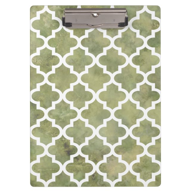 Moroccan Tile Trellis Pattern on Moss Green Marble Clipboard (Front)