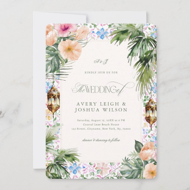 Moroccan Tile Tropical Hibiscus Wedding Invitation (Front)
