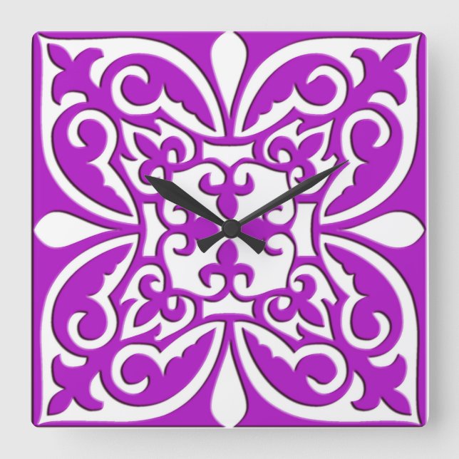 Moroccan tile - violet purple and white square wall clock (Front)