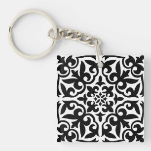 Moroccan tile - white with black background key ring