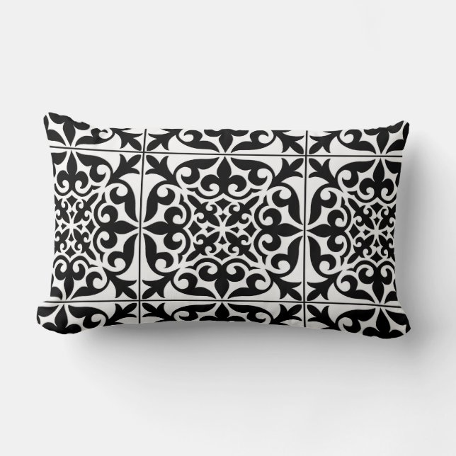 Moroccan tile - white with black background lumbar cushion (Front)