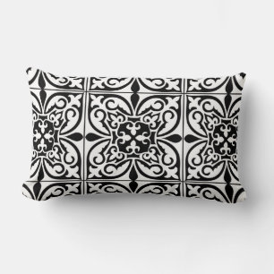 Moroccan tile - white with black background lumbar cushion