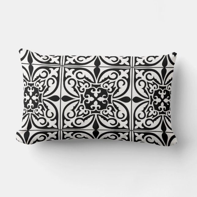 Moroccan tile - white with black background lumbar cushion (Front)