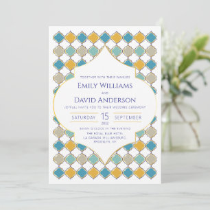 Moroccan Tile Yellow Blue Golden Wedding Invitation