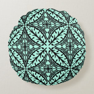 Moroccan tiles - aqua blue and black round cushion