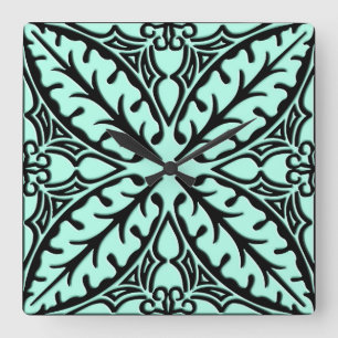 Moroccan tiles - aqua blue and black square wall clock
