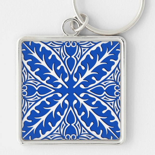 Moroccan tiles - cobalt blue and white key ring (Front)