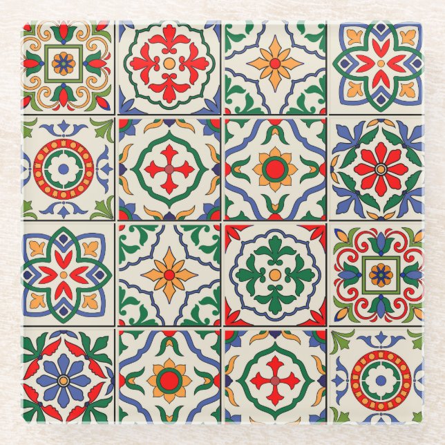 Moroccan Tiles: Colourful Seamless Pattern. Glass Coaster (Front)