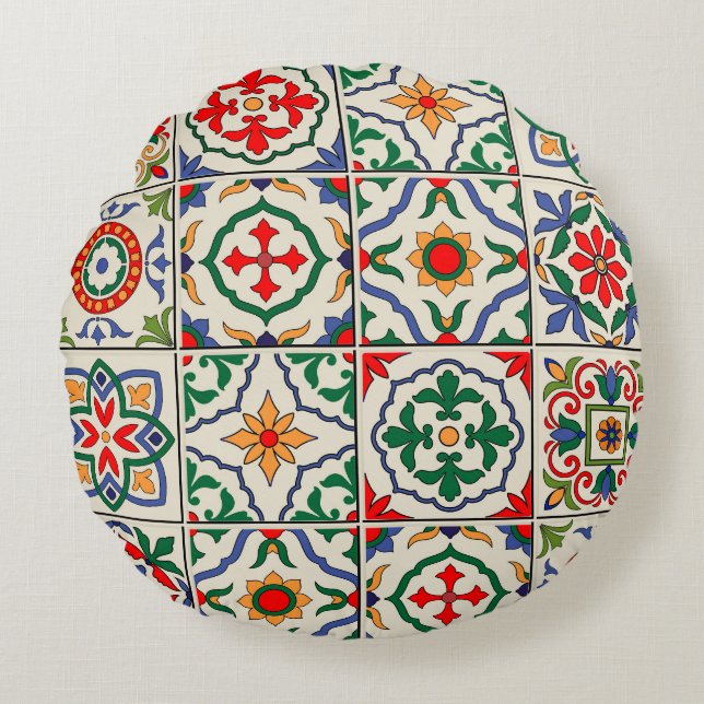 Moroccan Tiles: Colourful Seamless Pattern. Round Cushion (Front)