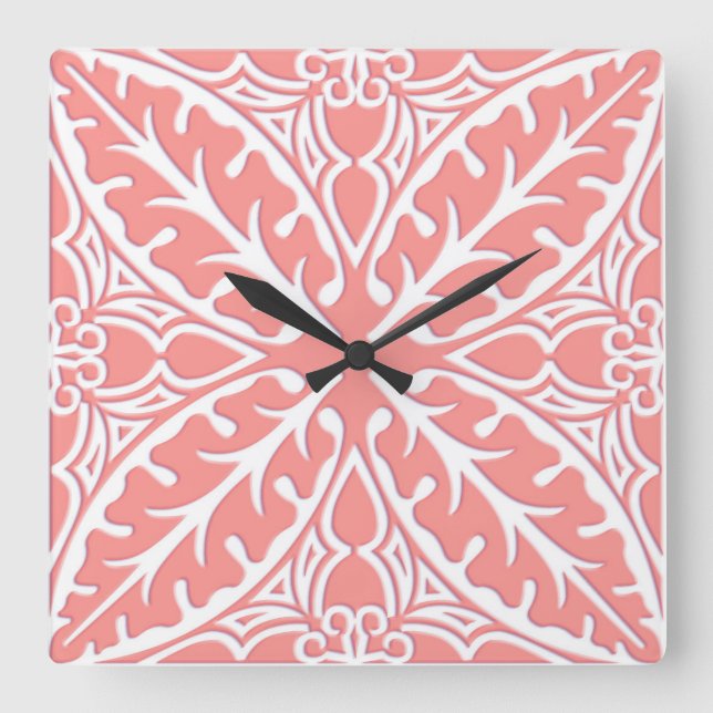 Moroccan tiles - coral pink and white square wall clock (Front)