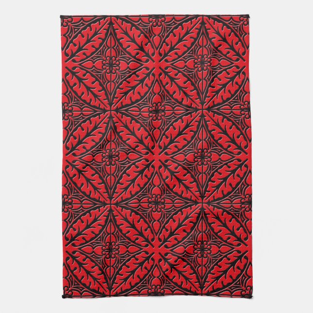 Moroccan tiles - dark red and black tea towel (Vertical)
