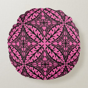 Moroccan tiles - fuchsia pink and black round cushion