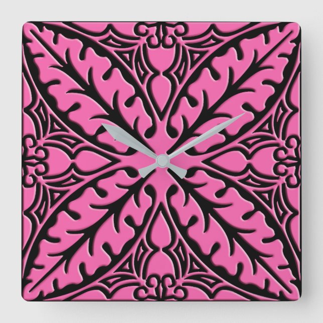Moroccan tiles - fuchsia pink and black square wall clock (Front)