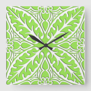 Moroccan tiles - lime green and white square wall clock