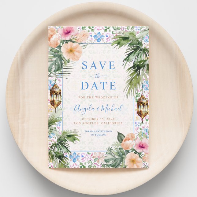Moroccan Tiles Palm Tree & Tropical Floral Wedding Save The Date (Creator Uploaded)