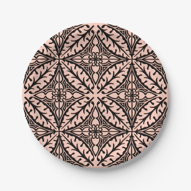 Moroccan tiles - peach pink and black paper plate (Front)
