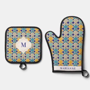 Moroccan Tiles Royal Blue Golden Custom Oven Mitt & Pot Holder Set