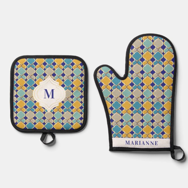 Moroccan Tiles Royal Blue Golden Custom Oven Mitt & Pot Holder Set (Front)