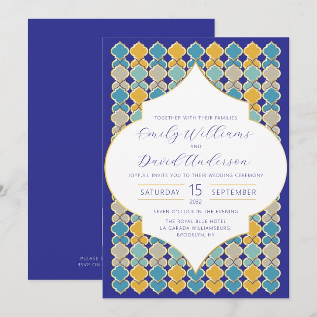 Moroccan Tiles  Royal Blue Golden QR Code Invitation (Front/Back)