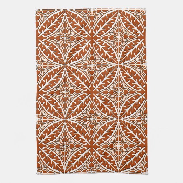 Moroccan tiles - rust brown and white tea towel (Vertical)