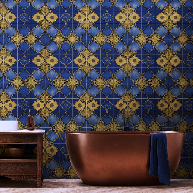 Moroccan Trellis Pattern Quatrefoils Blue Gold Wallpaper (Moroccan tile pattern blue and goldenrod Mediterranean look bathroom wallpaper.)
