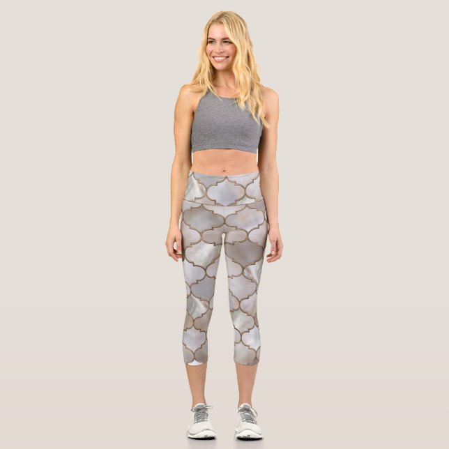 Moroccan trellis Pearl and Gold Capri Leggings (Front)