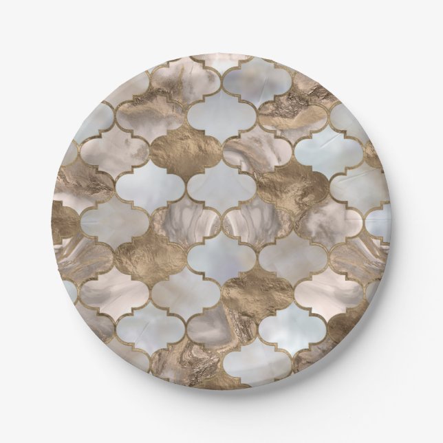 Moroccan trellis White marble and gold Paper Plate (Front)