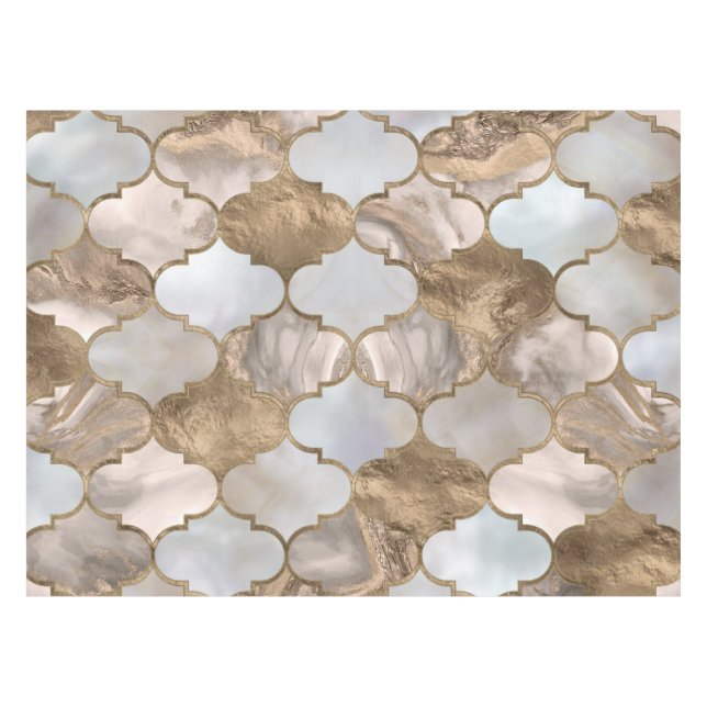 Moroccan trellis White marble and gold Tablecloth (Front (Horizontal))
