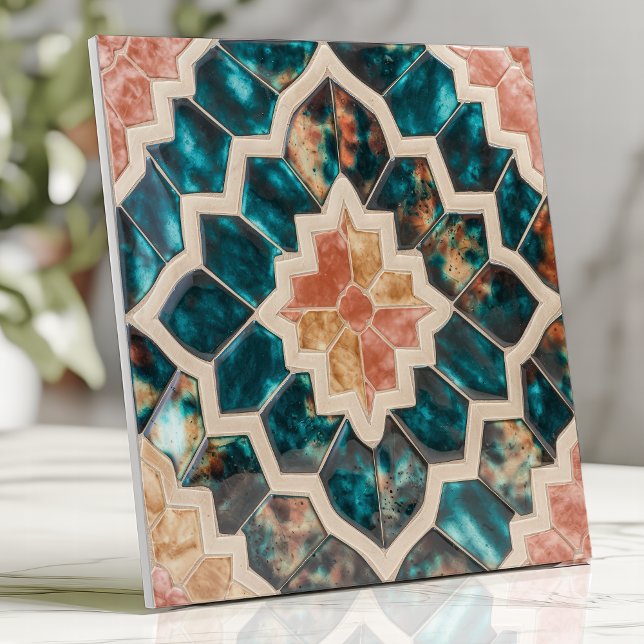 Moroccan Zellige Deep Teal and Coral Tile (Creator Uploaded)