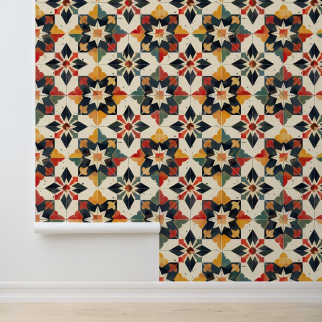 Moroccan Zellij Red Yellow and Green Wallpaper (Application)