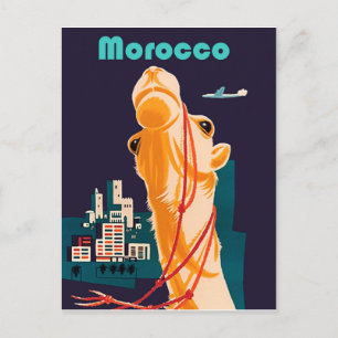 Morocco, camel in front of the city, vintage postcard