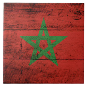 Morocco Flag on Old Wood Grain Tile
