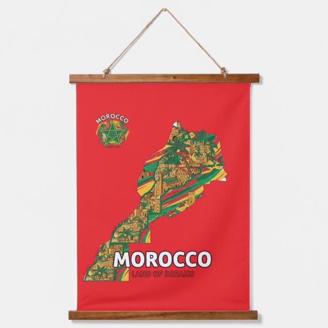 Morocco Land of Dreams Map Wood Wall Tapestry (Front)