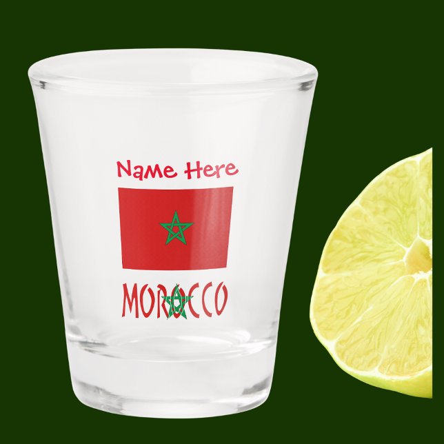 Morocco Moroccan Flag Red Personalised Name Shot Glass (Moroccan flag on shot glass has the word MOROCCO below in flag colors. Add name in red text above.)