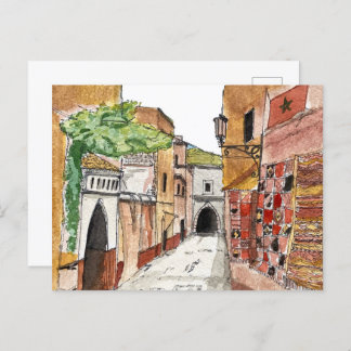 morocco red orange city watercolor illustration postcard