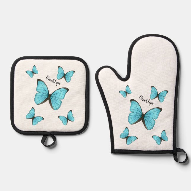 Morpho butterflies cartoon illustration  oven mitt & pot holder set (Front)