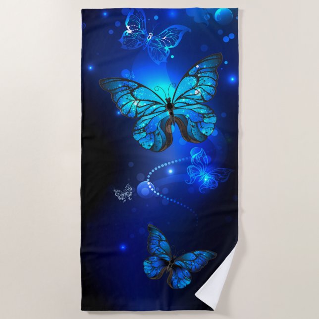 Morpho Butterfly in the Dark Background Beach Towel (Front)