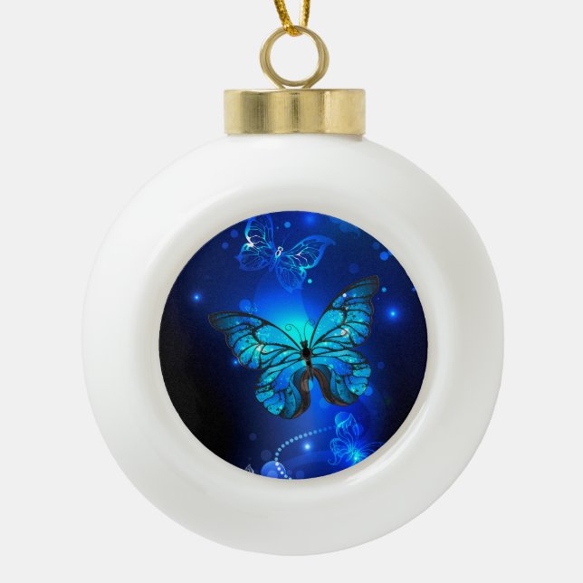 Morpho Butterfly in the Dark Background Ceramic Ball Christmas Ornament (Front)