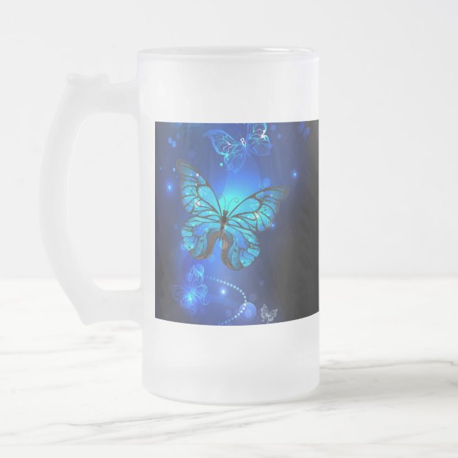 Morpho Butterfly in the Dark Background Frosted Glass Beer Mug (Left)