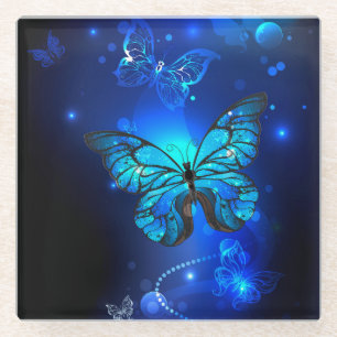 Morpho Butterfly in the Dark Background Glass Coaster