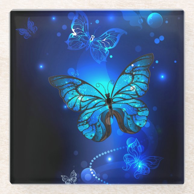 Morpho Butterfly in the Dark Background Glass Coaster (Front)