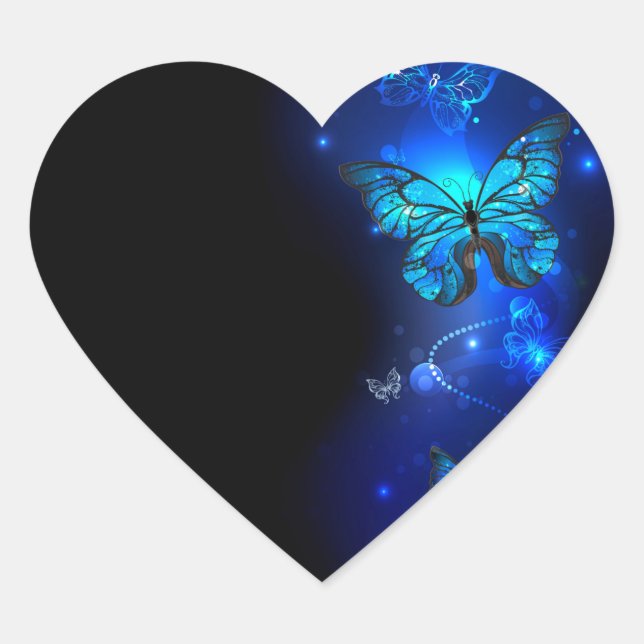 Morpho Butterfly in the Dark Background Heart Sticker (Front)