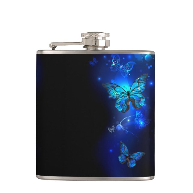 Morpho Butterfly in the Dark Background Hip Flask (Front)
