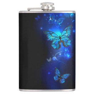 Morpho Butterfly in the Dark Background Hip Flask