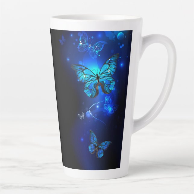Morpho Butterfly in the Dark Background Latte Mug (Right)