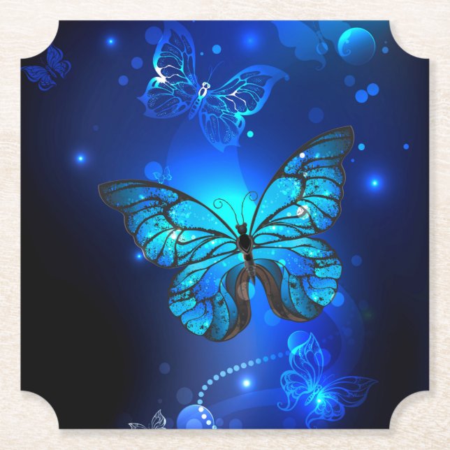 Morpho Butterfly in the Dark Background Paper Coaster (Front)