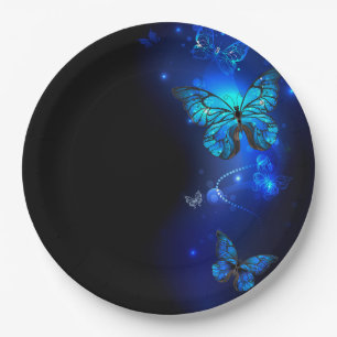 Morpho Butterfly in the Dark Background Paper Plate