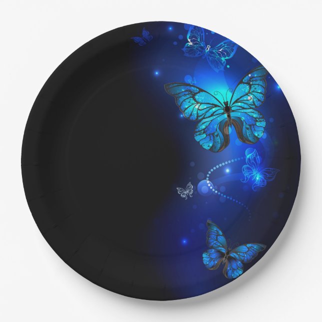 Morpho Butterfly in the Dark Background Paper Plate (Front)