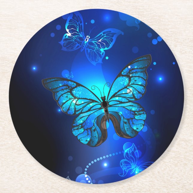 Morpho Butterfly in the Dark Background Round Paper Coaster (Front)