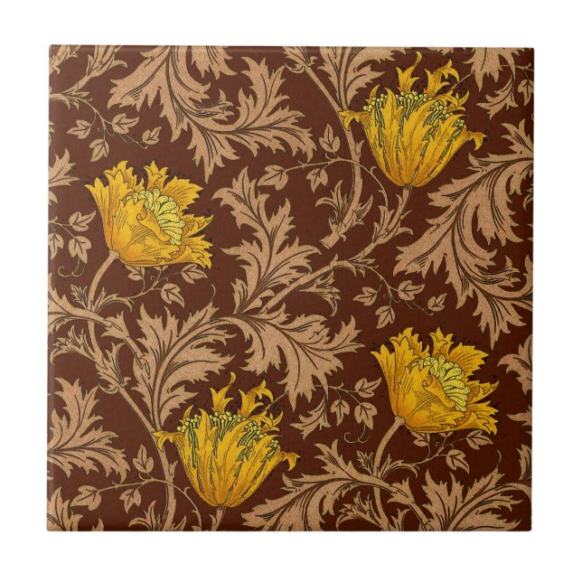 Morris Anemone Pattern, Brown and Mustard Gold Tile (Front)